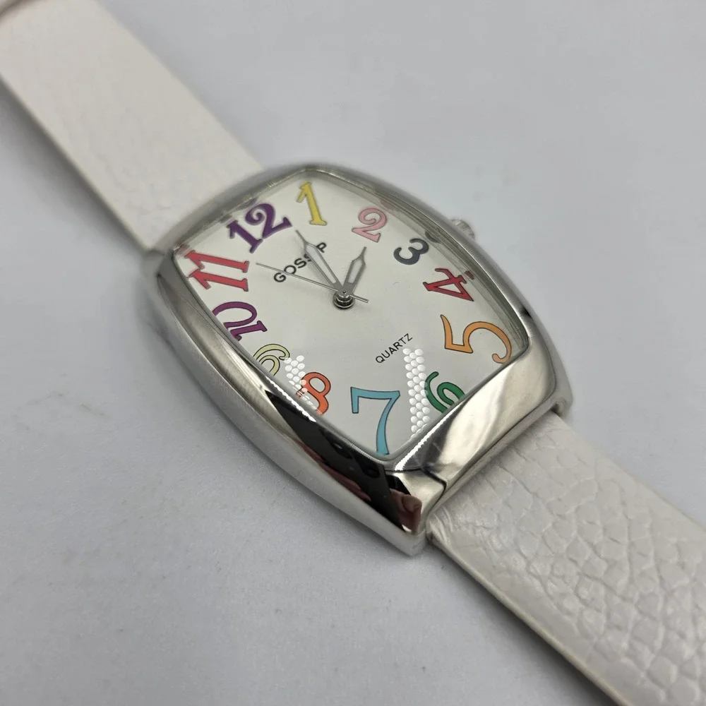 Gossip Watch Womens Quartz Multicolor White Leather Rectangle Silver Tone GSP727